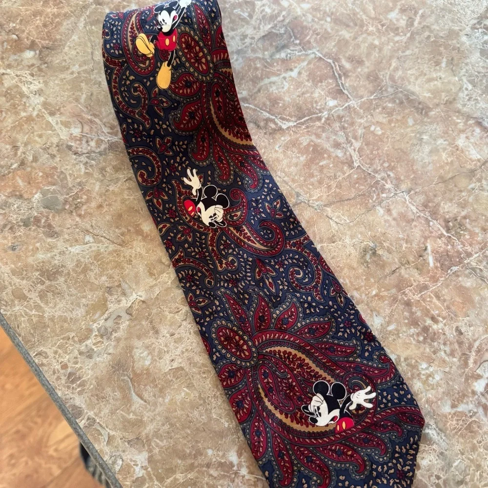 The Disney Store 100% Silk Necktie Designer Navy Burgundy Paisley Mickey Mouse